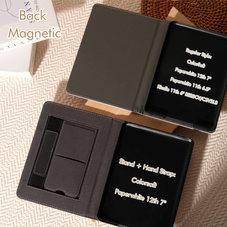 May include: A dark gray magnetic tablet case with a stand and hand strap. The case is open, revealing a black tablet with white text indicating compatibility with various Kindle models, including Paperwhite 12th 7" and 11th 6.8".