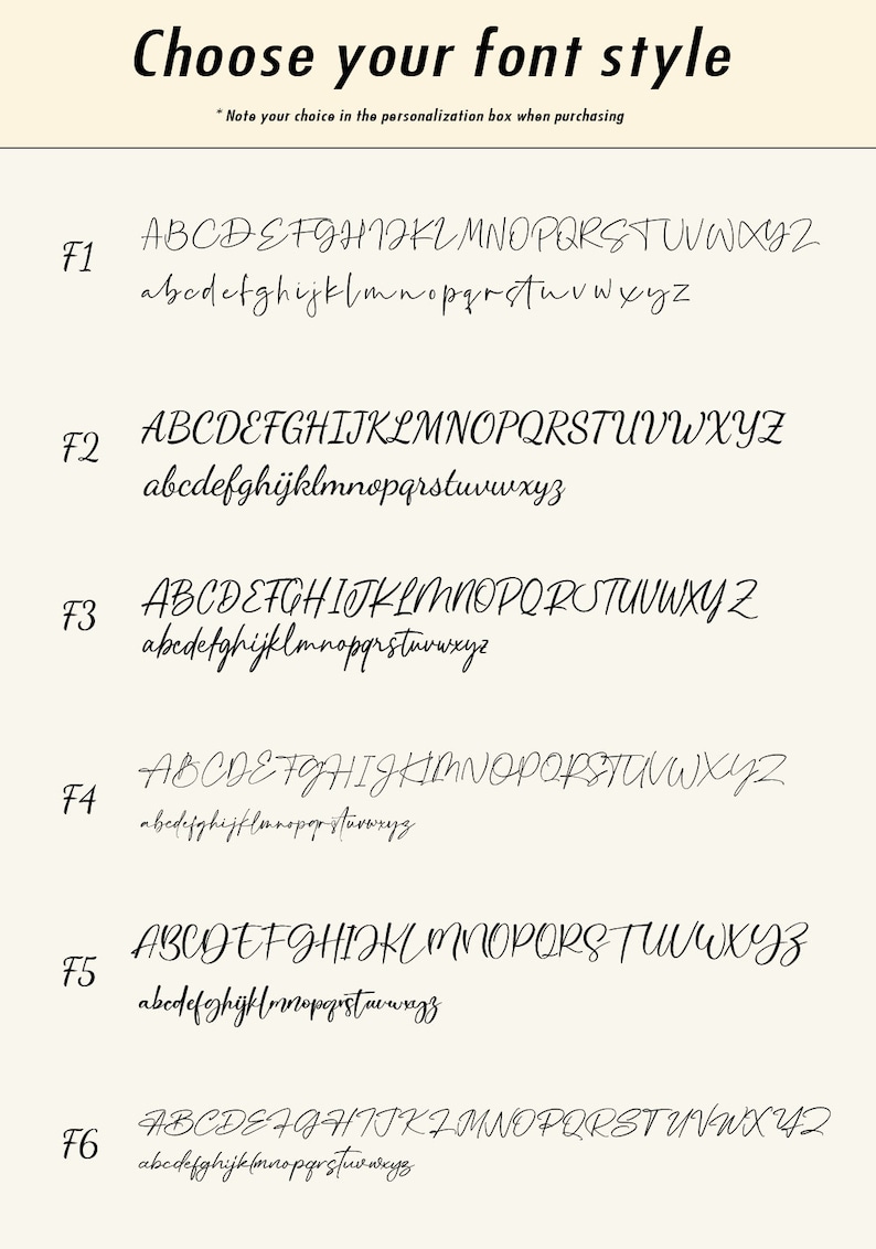May include: A graphic showing six different font styles labeled F1 through F6. Each font style shows the alphabet in uppercase and lowercase letters.