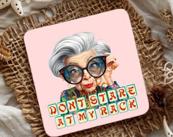 "freche alte Dame Mahjong Korkholz-Untersetzer-Set 4-teiliges Spieler-Geschenk ""Nicht auf mein Regal starren"" Mah Jongg Party- und Spieltagdekor."