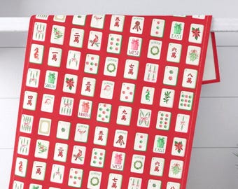 Christmas Mahjong Kitchen Towel Mahjong Hostess Gift Holiday Cooking Towel Red Pink Green Towel Xmas Mahjong Tile Décor Game Day Gift