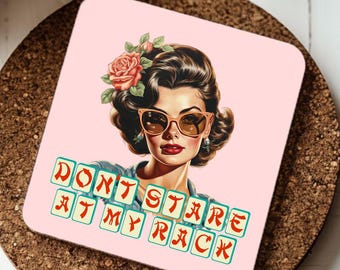 Set di 4 sottobicchieri in sughero Mahjong, regalo per giocatori, sarcastico, vintage, brunetta, "Non fissare il mio rack", decorazione per feste e giornate di gioco Mah Jongg