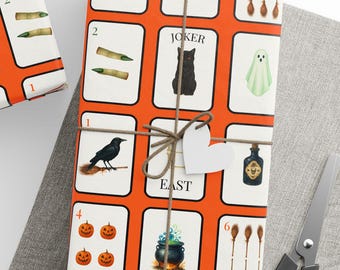 Halloween Mahjong Orange Wrapping Paper Gift Wrap with Spooky Mah Jongg Tiles Gifting for Game Lovers Halloween Tiles Pattern
