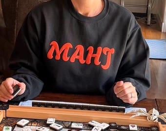 Mahjong Puff Print Sweatshirt Player Gift Raised Letter Mah Jongg Crewneck Fall Halloween Party Game Day Outfit