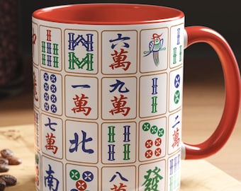 Mahjong Tiles Ceramic Mug 11oz Accent Coffee Cup Cute Birthday Gift for Mah Jongg Game Hostess Present Idea Game Day Tournament Prize