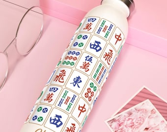 Personalized Mahjong Water Bottle with Tiles Mah Jongg Custom Name Bottle Gift for Mahjong Lovers Hostess Player Game Day Birthday Gift Idea