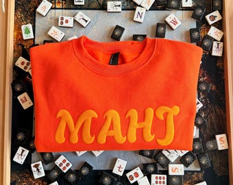 Mahjong Halloween Sweatshirt Player Gift Raised Yellow Puff Print Letters Mah Jongg Crewneck Fall Party Game Day Outfit