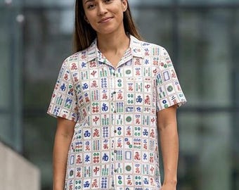 Camisa hawaiana de Mahjong con estampado de fichas, camisa Aloha unisex con botones, regalo para jugador de Mahjong, cumpleaños, atuendo para día de juego de verano