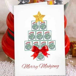 Cartões de Natal minimalistas de Mahjong com design de árvore de Natal Joker, um presente de Natal fofo para os amantes de Mahjong