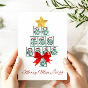 Cartões de Natal minimalistas de Mahjong Feliz com design de árvore de Natal Joker, um presente de Natal fofo para os amantes de Mahjong