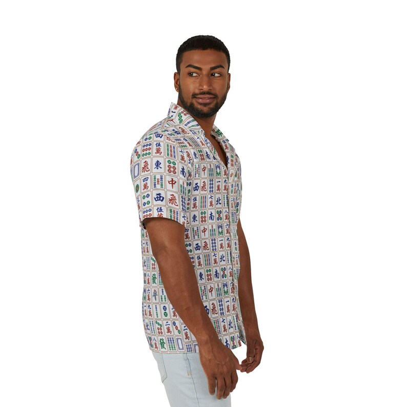 Men’s Mahjong Hawaiian Shirt – Lightweight Shirt with Mahjong Tiles Print Summer Beach Shirt Mah Jongg Gift for Him Game Day Shirt image 6
