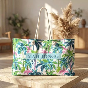 Mah Jongg Tiles and Racks Palm Beach Bag Oversized Weekender Tote Mahjong Carryall Mahjong Gift for Her Tropical Design Travel Game Day Bag