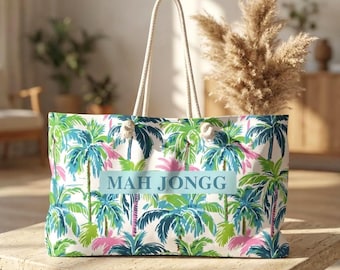 Mah Jongg Tiles and Racks Palm Beach Bag Oversized Weekender Tote Mahjong Carryall Mahjong Gift for Her Tropical Design Travel Game Day Bag