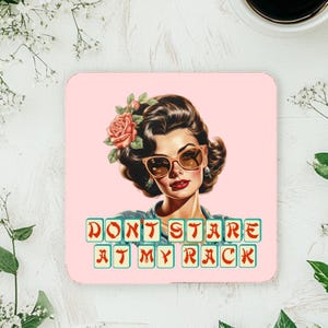 Mahjong Corkwood Coaster Set 4pc Player Gift Sarcastic Vintage Brunette 'Don't Stare at my Rack' Mah Jongg Party and Game Day Decor image 4