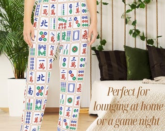 Pantalones de pijama para mujer con diseño de fichas de Mahjong, ideales para noches de juego. Ropa de dormir cómoda, regalo perfecto para jugadores de Mahjong. Ropa de estar por casa relajante.