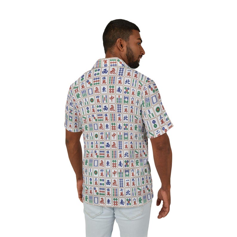 Men’s Mahjong Hawaiian Shirt – Lightweight Shirt with Mahjong Tiles Print Summer Beach Shirt Mah Jongg Gift for Him Game Day Shirt image 5