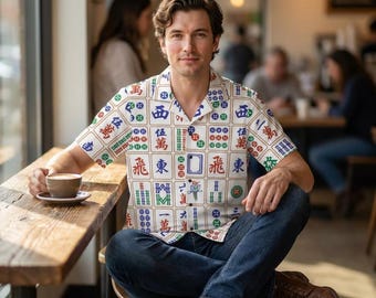 Mahjong Men’s Hawaiian Shirt with Big Tiles Print Mah Jongg Lightweight Shirt Gift for Mahjong Player Fun Summer Shirt  Mahjong Gift for Him