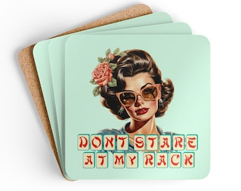 Mahjong 'Don't Stare at My Rack' Green Corkwood Coaster Set 4pc Player Gift Mah Jongg Game Hostess Present