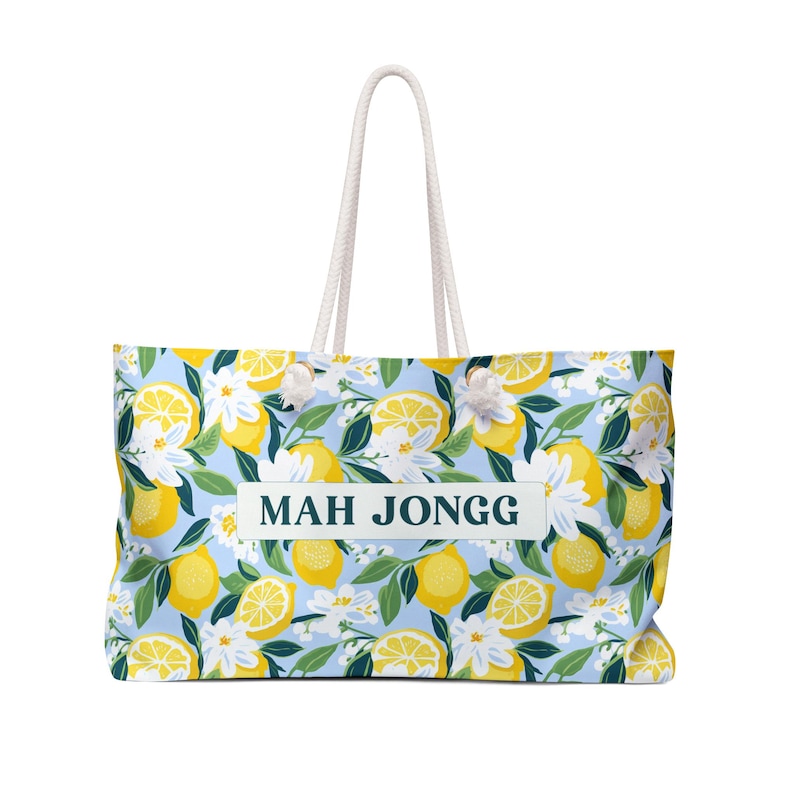 Borsa con tessere e rastrelliere per Mahjong, borsa oversize per il giorno del gioco Mah Jongg, idea regalo di compleanno per gli amanti del gioco, divertente borsa da torneo con motivo a limone. immagine 4
