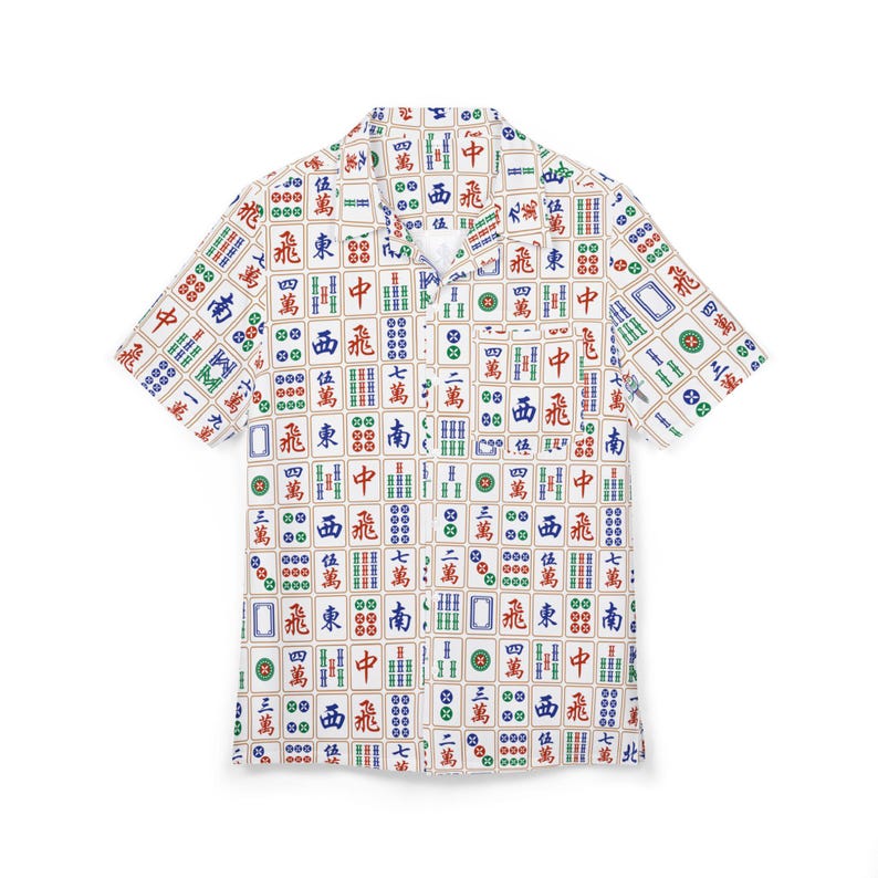 Mahjong Hawaiihemd mit Fliesen Muster Mah Jongg Unisex Button-Down Aloha Shirt Geschenk für Mahjong Spieler Geburtstag Sommer Spieltag Outfit Bild 3