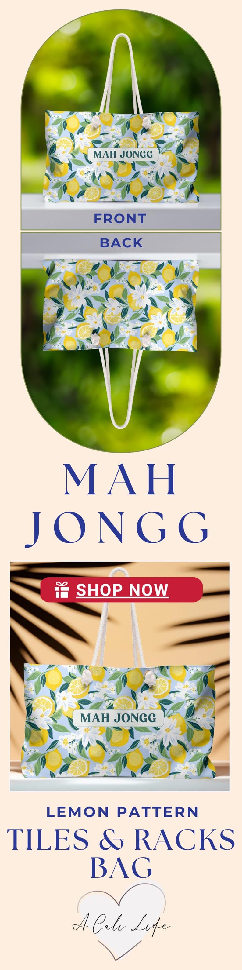 Pu&ograve; includere: Una borsa tote con un motivo a limoni e la scritta "MAH JONGG". La borsa ha manici bianchi e uno sfondo azzurro con limoni gialli e fiori bianchi. Le parole "SHOP NOW" sono su uno striscione rosso.