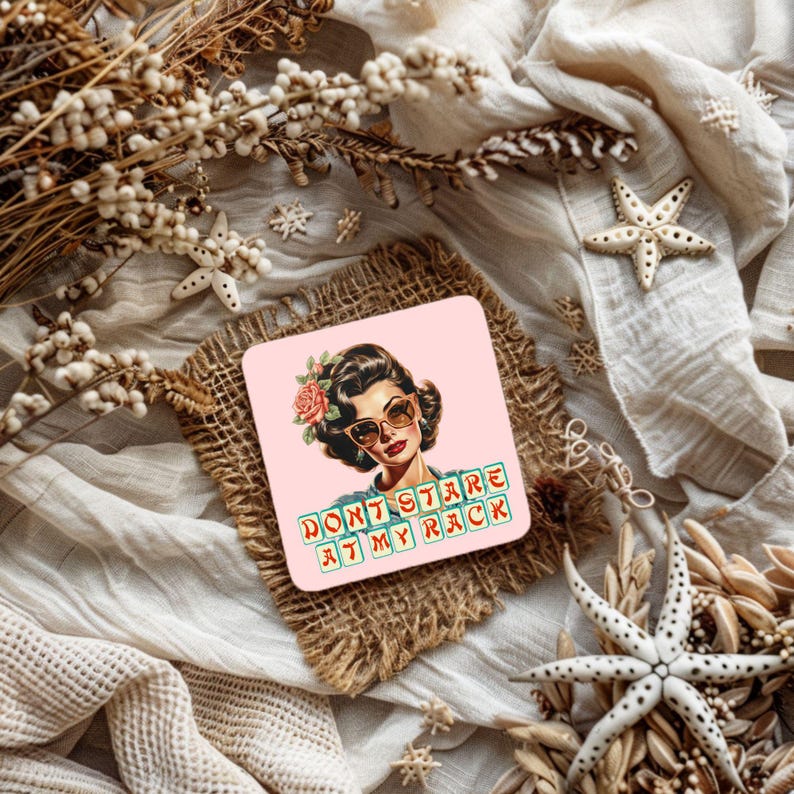 Mahjong Corkwood Coaster Set 4pc Player Gift Sarcastic Vintage Brunette 'Don't Stare at my Rack' Mah Jongg Party and Game Day Decor image 1