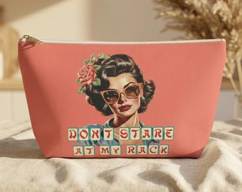 Mahjong Retro Brunette "Don't Stare At My Rack" Coral Blush Tile Pouch with White Zipper Game Lover Gift Mah Jongg Vintage Design Bag