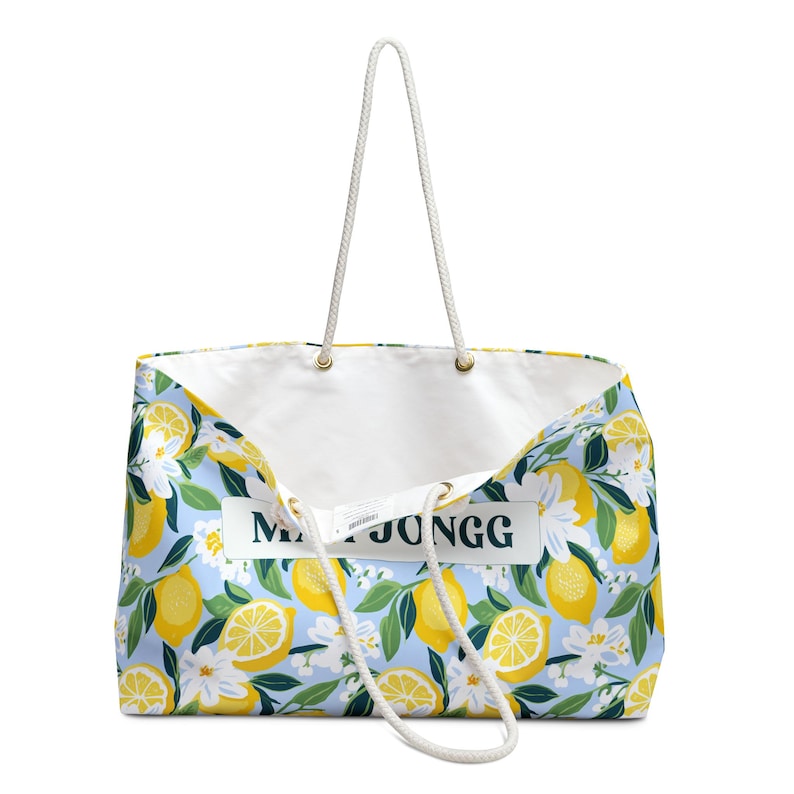 Borsa con tessere e rastrelliere per Mahjong, borsa oversize per il giorno del gioco Mah Jongg, idea regalo di compleanno per gli amanti del gioco, divertente borsa da torneo con motivo a limone. immagine 6