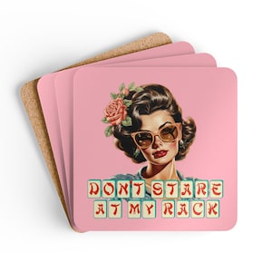 Mahjong Corkwood Coaster Set 4pc Player Gift Sarcastic Vintage Brunette 'Don't Stare at my Rack' Mah Jongg Party and Game Day Decor Stanley Tumbler Pink