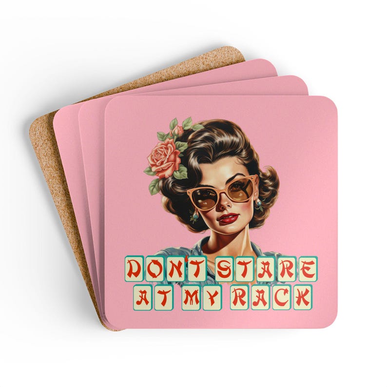 Mahjong Corkwood Coaster Set 4pc Player Gift Sarcastic Vintage Brunette 'Don't Stare at my Rack' Mah Jongg Party and Game Day Decor Stanley Tumbler Pink