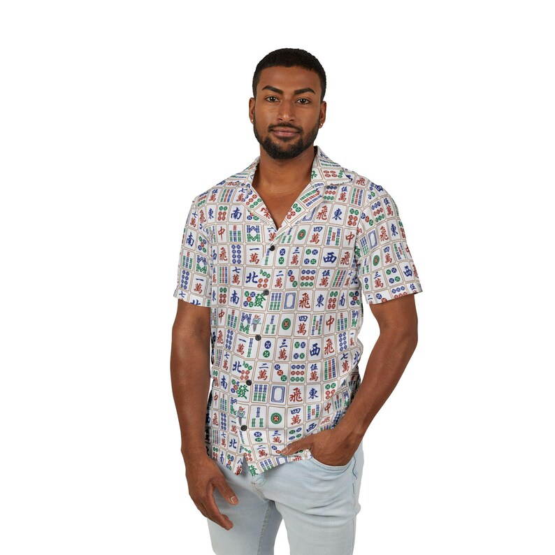 Men’s Mahjong Hawaiian Shirt – Lightweight Shirt with Mahjong Tiles Print Summer Beach Shirt Mah Jongg Gift for Him Game Day Shirt image 3