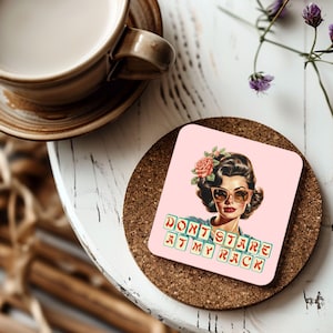 Mahjong Corkwood Coaster Set 4pc Player Gift Sarcastic Vintage Brunette 'Don't Stare at my Rack' Mah Jongg Party and Game Day Decor image 2