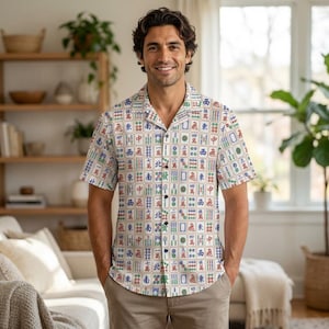 Men’s Mahjong Hawaiian Shirt – Lightweight Shirt with Mahjong Tiles Print Summer Beach Shirt Mah Jongg Gift for Him Game Day Shirt image 1
