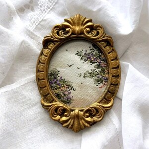 Miniatuur bloemenolieverfschilderij, handgemaakte vintage lijst, botanische kunst