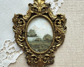 Miniature River Landscape Oil Painting, Handmade Vintage Oval Frame