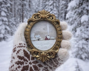 Miniature Winter Landscape Oil Painting, Vintage Frame, Handmade Art