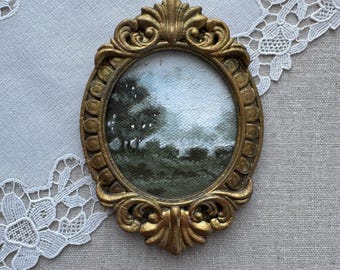 Miniature Landscape Oil Painting, Vintage Handmade Frame