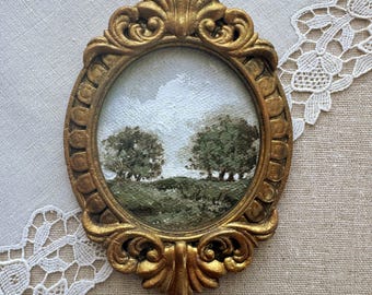 Miniature Autumn Landscape Oil Painting, Handmade Vintage Frame