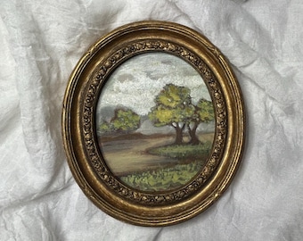 Original Valley Road Oil Painting, Small Landscape in Vintage Oval Frame