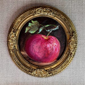 Original oil painting, mini picture, picture in a frame, small original oil still life, vintage frame, red apple, antique oil painting, gift
