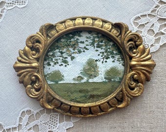 Miniature Oil Painting, Autumn Landscape, Vintage Handmade Frame