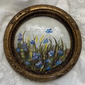 Origineel miniatuurolieverfschilderij, blauwe bloemen, vintage ingelijste kunst