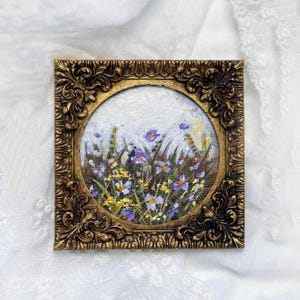 Original oil painting, miniature art, landscape, smali original oil scenery, vintage frame,  oil painting, flowering meadow, Botanical