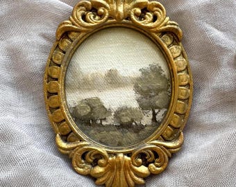Miniature Landscape Oil Painting, Handmade Vintage Frame