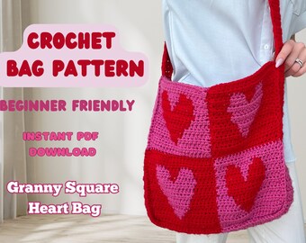 Modelo de Bolsa Tote de Crochê – Design Fácil de Quadrados de Coração da Vovó (Download em PDF)