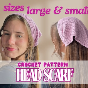 May include: Two women wearing light purple crochet head scarves. The image includes the text "sizes large & small" and "CROCHET PATTERN HEAD SCARF". The head scarves are square-shaped and appear to be handmade. The background is a soft, neutral color.