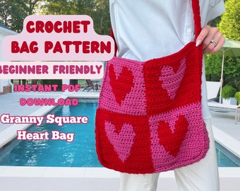 Modelo de bolsa de crochê fácil – Design de quadrado de crochê em formato de coração (Download em PDF)