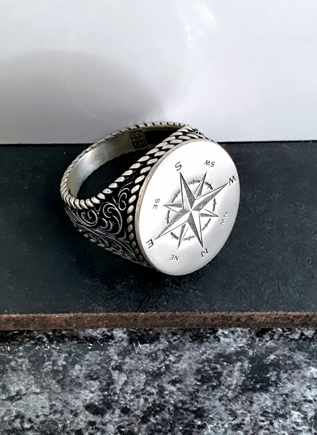 Mens Compass Ring Silver 925 Sterling Silver Compass Men's Ring