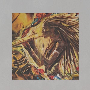 Ethnic Woman painting, Flute Player Woman Wall Art, Surreal Woman with Branches Painting, Art On Canvas, Stretched Canvas, Abstract Decor