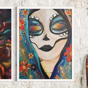 Arte cultural mexicana, tela de arte de mulher caveira, arte de parede colorida de mulher mexicana, arte do dia dos mortos, mulher com flores, decoração de sala cultural