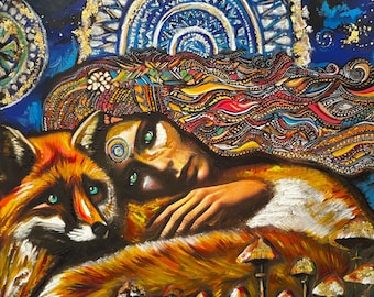 Mystische Frau und Fuchs, Gemälde – Spirit Animal Art, Visionäres Mixed Media Kunstwerk, Fantasy Wandkunst